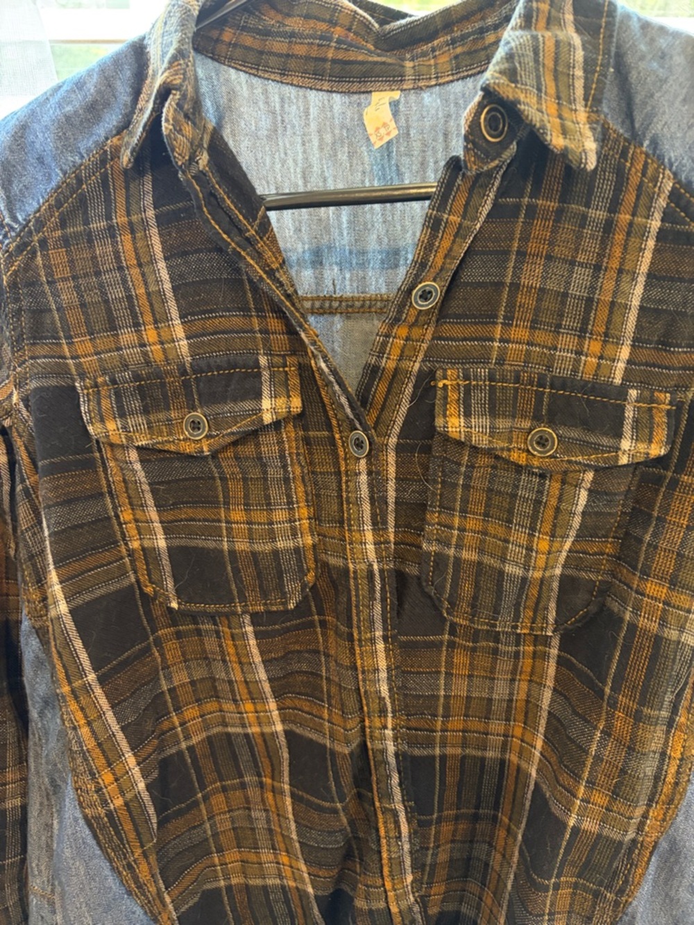 Free People Plaid Flannel Shirt with Denim Paneling - Brown & Navy